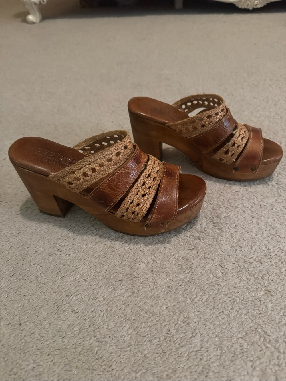 Bed Stu Brown Leather & Natural Woven Platform Sandals